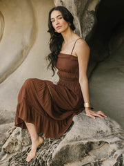 Koy Resort Miami Luxe Smocked Tiered Dress in Espresso, view 3, click to see full size