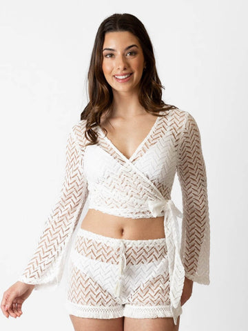 Koy Resort Zuma Crochet Long Sleeve Wrap Top in White