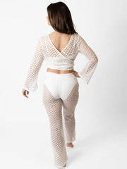 Koy Resort Zuma Crochet Long Sleeve Wrap Top in White, view 2, click to see full size