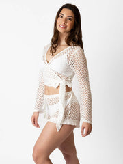 Koy Resort Zuma Crochet Long Sleeve Wrap Top in White, view 3, click to see full size