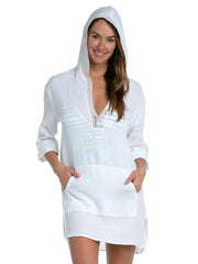 La Blanca Hooded Tunic Kangaroo Pocket in White, view 3, click to see full size