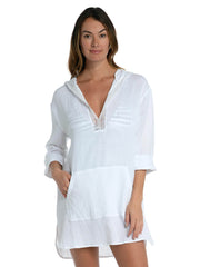 La Blanca Hooded Tunic Kangaroo Pocket in White, view 1, click to see full size