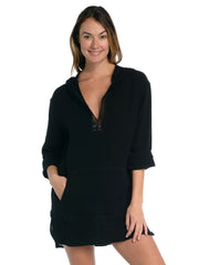 La Blanca Hooded Tunic Kangaroo Pocket in Black, view 1, click to see full size