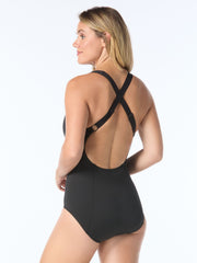 V Neck One Piece in Black, view 2, click to see full size