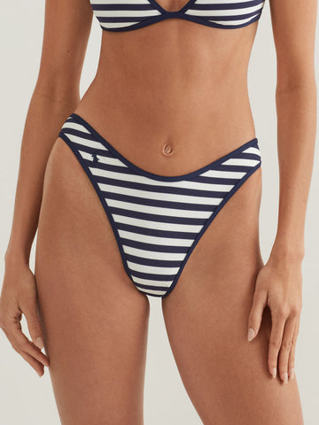 Polo Ralph Lauren Pique Stripe High Leg Scoop Hipster in White/Navy