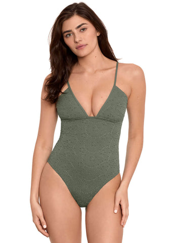 Polo Ralph Lauren Eyelet V Neck One Piece in Olive