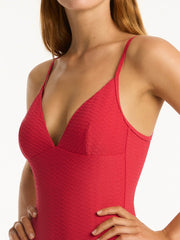 Sea Level Honeycomb Tri One Piece in Red, view 3, click to see full size