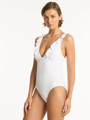 Sea Level Interlace Frill One Piece in White, view 3, click to see full size