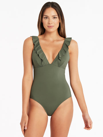 Sea Level Essentials Frill One Piece in Khaki
