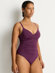 Essentials Cross Front Scoop Back One Piece in Claret, view 3, click to see full size