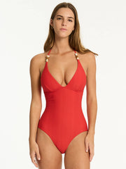 Sea Level Longline Halter One Piece in Spice Red, view 1, click to see full size