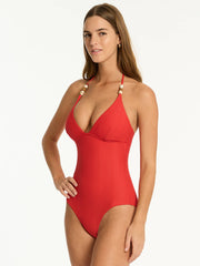 Sea Level Longline Halter One Piece in Spice Red, view 3, click to see full size