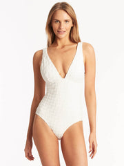 Sea Level Oceano Longline Scoop Back One Piece in White, view 1, click to see full size