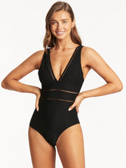 Sea Level Honeycomb Spliced One Piece in Black, view 1, click to see full size