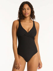 Sea Level Spinnaker Cross Front One Piece In Black, view 1, click to see full size
