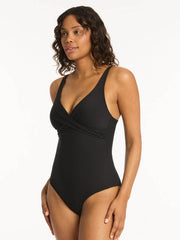 Sea Level Spinnaker Cross Front One Piece In Black, view 3, click to see full size