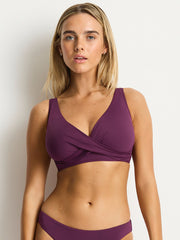 Essentials Cross Front Bra in Claret, view 1, click to see full size