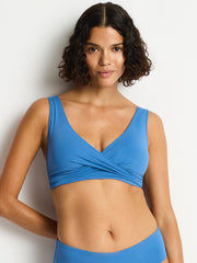Sea Level Essentials Cross Front Bra In Denim Blue, view 1, click to see full size