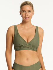 Sea Level Cross Front Multifit Bra Top in Khaki, view 1, click to see full size