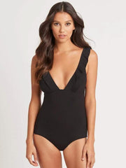 Essentials Frill One Piece in Black, view 1, click to see full size