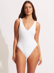 Sea Dive Deep V Neck Maillot in White, view 1, click to see full size