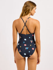 Seafolly Beach Club V Neck One Piece in True Navy, view 2, click to see full size