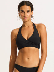Seafolly SF Collective DD Wrap Front Halter Bra in Black, view 1, click to see full size