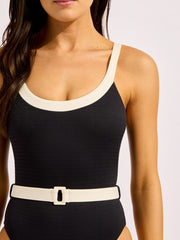 Bandwave Belted Retro Tank One Piece in Black, view 4, click to see full size