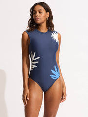 Seafolly La Palma Cap Sleeve One Piece in True Navy, view 1, click to see full size