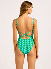 Seafolly Sorrento Reversible Square Neck One Piece in Vivid Green, view 2, click to see full size