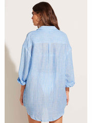 Vitamin A Playa Linen Boyfriend Shirt in Summer Stripe Linen, view 2, click to see full size