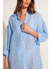 Vitamin A Playa Linen Boyfriend Shirt in Summer Stripe Linen, view 4, click to see full size