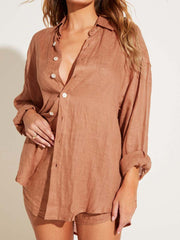 Vitamin A Playa Linen Boyfriend Shirt in Desert EcoLinen, view 4, click to see full size