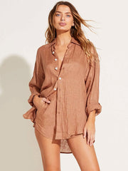 Vitamin A Playa Linen Boyfriend Shirt in Desert EcoLinen, view 1, click to see full size
