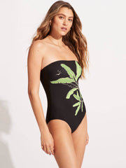 Seafolly Palm Paradise Bandeau One Piece In Black, view 3, click to see full size