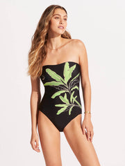 Seafolly Palm Paradise Bandeau One Piece In Black, view 1, click to see full size