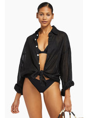 Vitamin A Playa Linen Boyfriend Shirt in Black EcoLinen, view 3, click to see full size