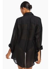 Vitamin A Playa Linen Boyfriend Shirt in Black EcoLinen, view 2, click to see full size