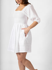 Koy Resort Riviera Smocked Mini Dress In White, view 4, click to see full size