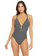 La Blanca Pin Stripes Plunge One Piece Black/White, view 1, click to see full size