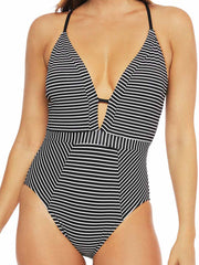 La Blanca Pin Stripes Plunge One Piece Black/White, view 3, click to see full size