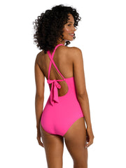 La Blanca Island Goddess High Neck One Piece in Pop Pink, view 2, click to see full size