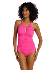 La Blanca Island Goddess High Neck One Piece in Pop Pink, view 3, click to see full size
