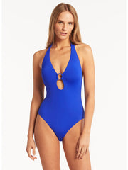 Sea Level Essentials Keyhole Halter One Piece in Cobalt, view 1, click to see full size