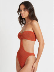 Bond-eye Thera One Piece in Coral Lurex, view 3, click to see full size