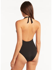 Sea Level Essentials Keyhole Halter One Piece in Black, view 2, click to see full size