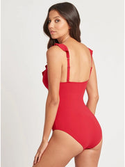 Sea Level Eco Essentials Frill One Piece In Red, view 2, click to see full size