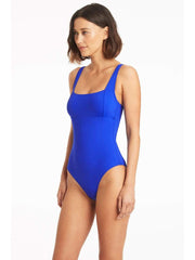 Sea Level Essentials Square Neck One Piece in Cobalt, view 3, click to see full size