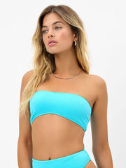 Frankies Bikinis Jean Bandeau Plisse Top in Aquamarine, view 1, click to see full size