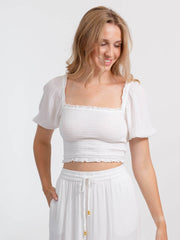 Koy Resort Miami Smocked Crop Top In White, view 1, click to see full size